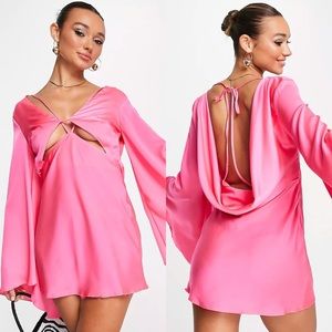 ASOS Design Satin Cape Sleeve Cowl Back Mini Dress Pink